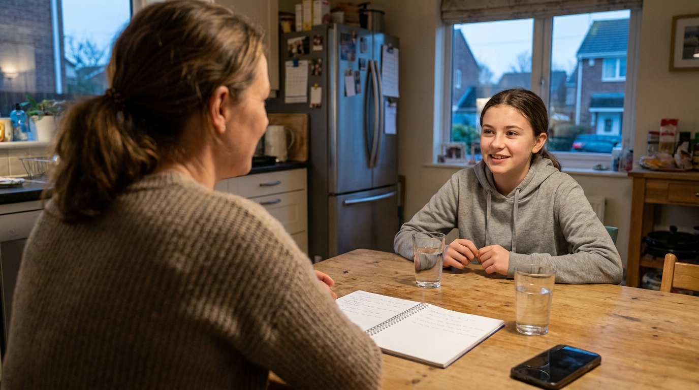 A parent and teenage daughter sit across from each other at a kitchen table in the evening talking with a face down phone set aside — depicting the home reinforcement of a school phone-free habit