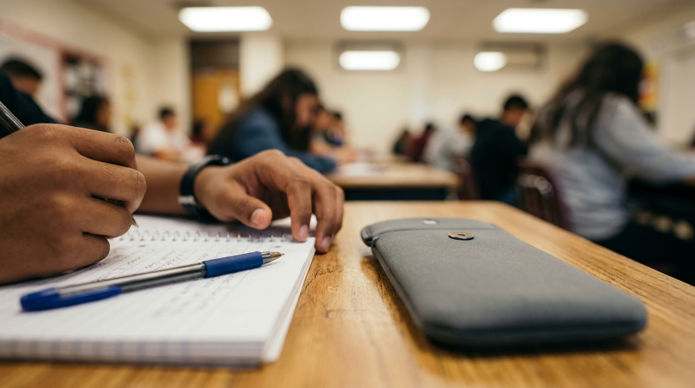A student's hand writes in a notebook on a school desk beside a locked Yondr phone pouch illustrating the physical reality of a bell-to-bell phone ban in a U.S. classroom