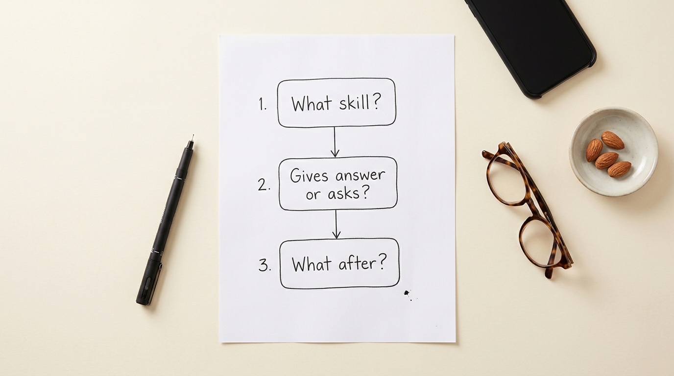 The Three-Question Rule framework for choosing an AI learning app Hand-drawn three-step decision flowchart on paper for evaluating AI learning apps for kids