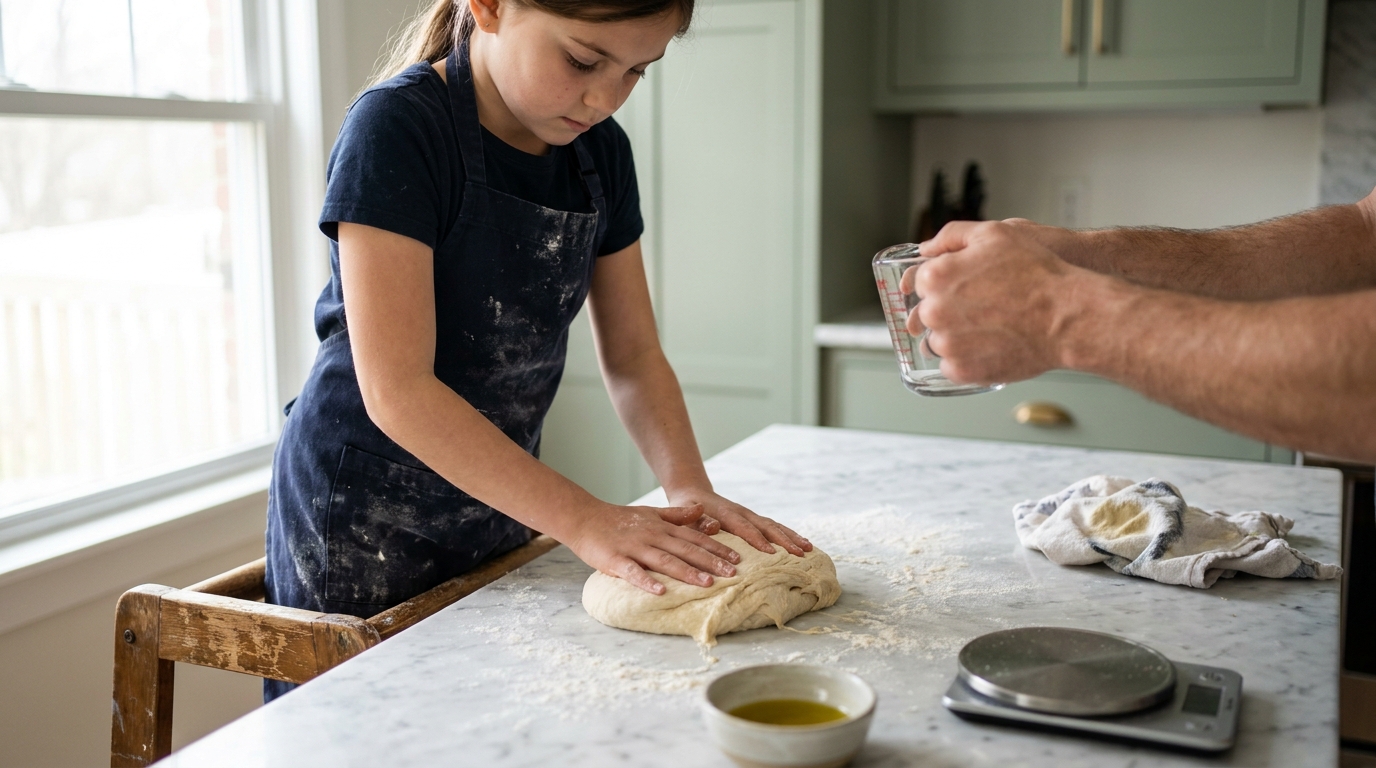 Girl kneading pizza dough