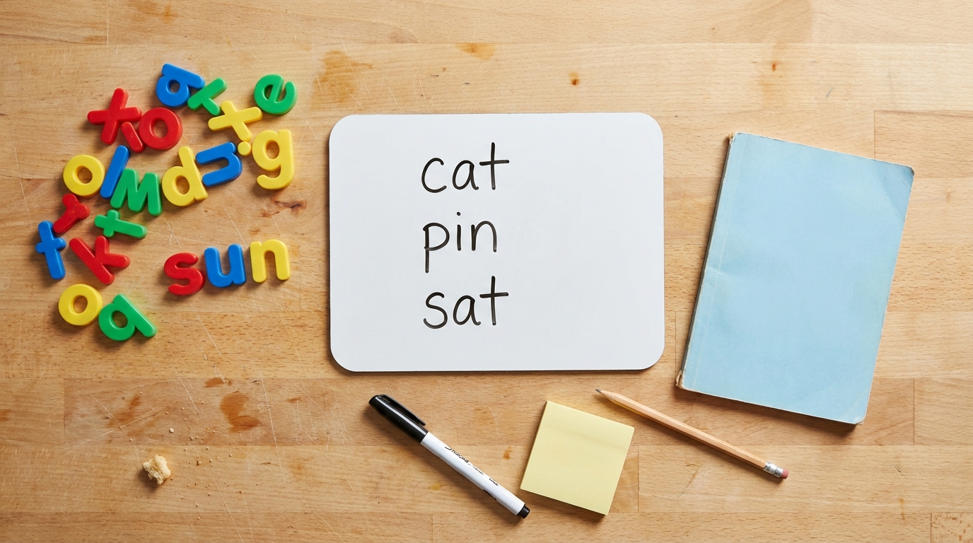 Home reading practice setup with magnetic letters spelling sun and a whiteboard showing the CVC words cat, pin, and sat