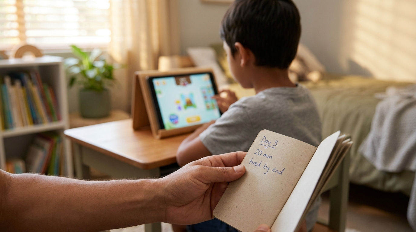 Tracking daily session length and engagement during 14-day app testing Parent taking handwritten notes in a notebook while a child uses an AI learning app on an iPad