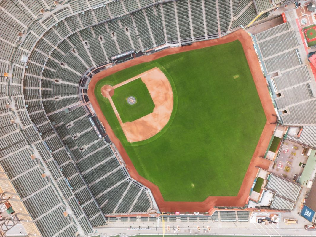 drone shot of baseball stadium